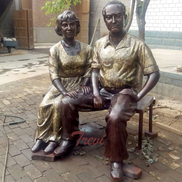 Custom made bronze family old couple sitting on the long bench garden statues price BOKK-74